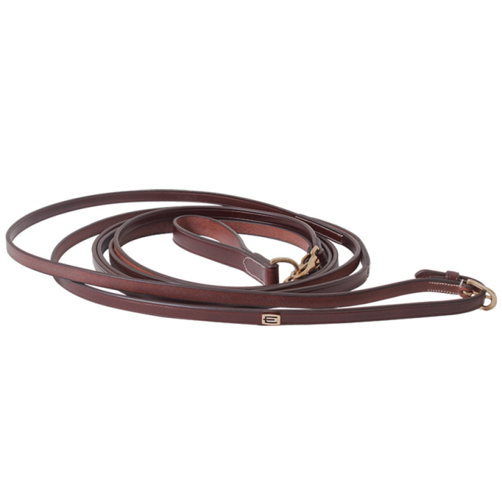 Rênes allemandes  Logo en E Cuir Brun/Laiton dans le groupe Équipement cheval / Rênes / Rênes d'aide & rênes de support chez Equinest (610003000203BR)