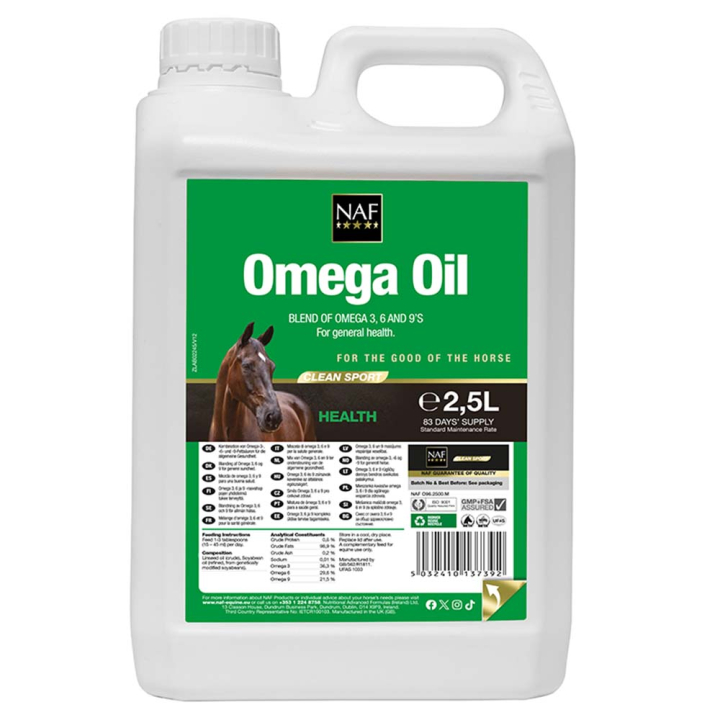 Huile d'Oméga 2,5 L dans le groupe Compléments alimentaires / Compléments alimentaires pour chevaux / Peau & Pelage chez Equinest (NAF962)