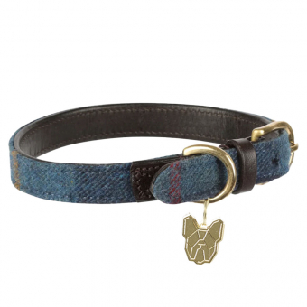 Collier pour chien en tweed/cuir Bleu Marinee