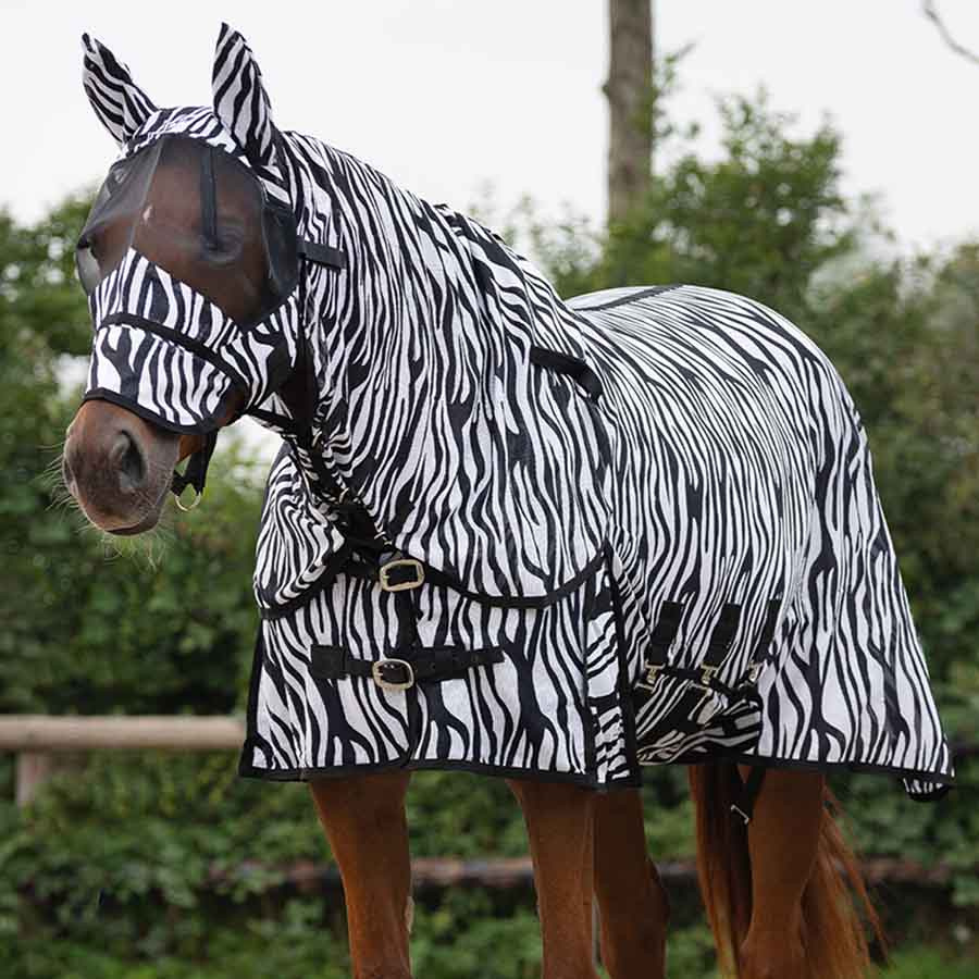 Couverture Anti-Mouches avec cou et bonnet amovibles Zebra Noir/Blanc
