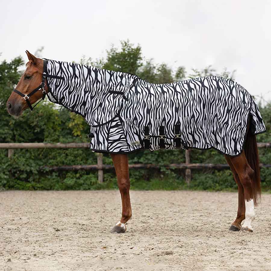 Couverture Anti-Mouches avec cou et bonnet amovibles Zebra Noir/Blanc